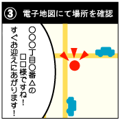 ＧＰＳ電子地図にて場所を確認します。○○○丁目○番の△△様でございますね、すぐお迎えにあがります